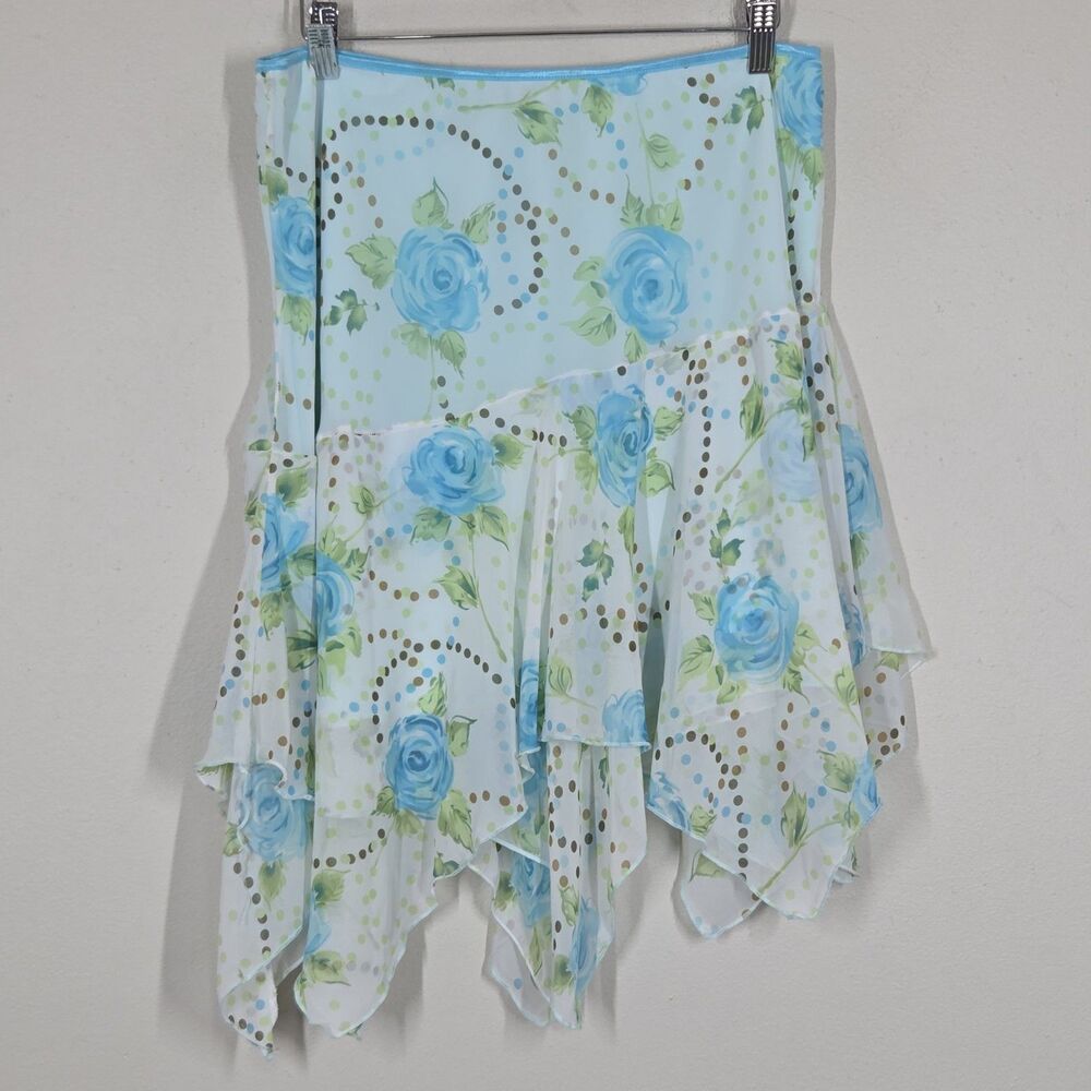 Vtg Y2K Blue Floral Asymmetrical Hanky Flowy Skirt XL Fairy Mermaid Grunge Boho